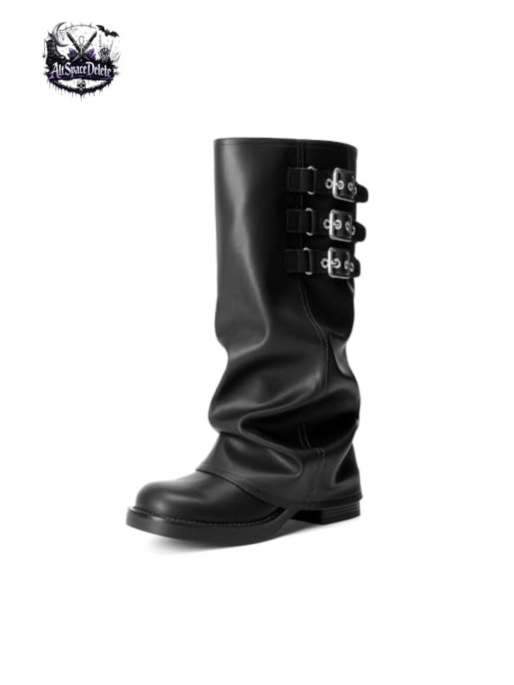 Faux Leather Knee High Fold Over Boots Square Toe Block Heel Buckle Womens